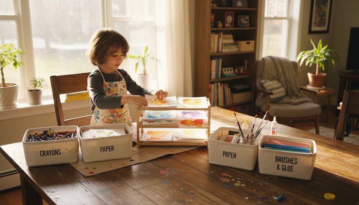 Wide-angle view of a child placing finished watercolor paintings on a drying rack near a tidy craft station.