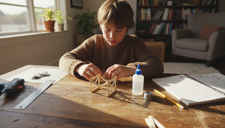 Eye-level view of a child building a craft stick bridge with a ruler and small weights nearby.