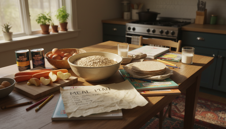 Overhead view of a family kitchen table with simple meal prep ingredients and homeschool workbooks.