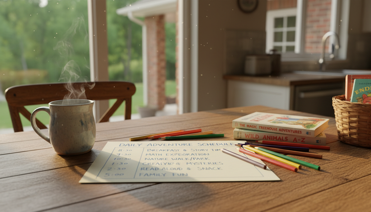 Eye-level view of a handwritten homeschool schedule beside colored pencils and a mug