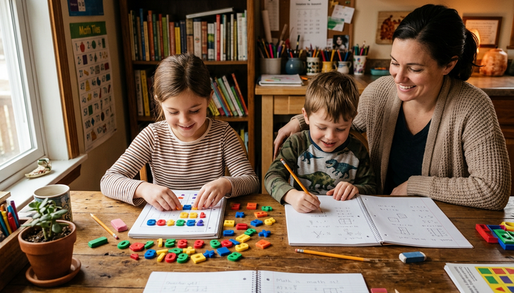Eye-level view of children learning with colorful materials at a kitchen table