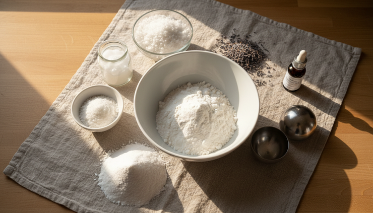 Overhead view of natural bath bomb ingredients in small bowls