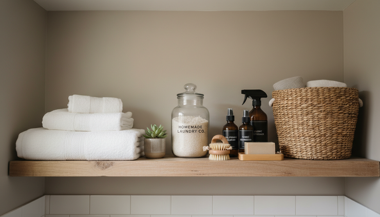 Wide-angle view of a laundry room shelf with homemade soap, towels, and a reusable basket