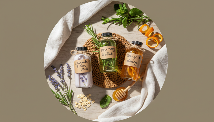 Overhead view of small labeled bottles of homemade shampoo with lavender, rosemary, and orange peel.