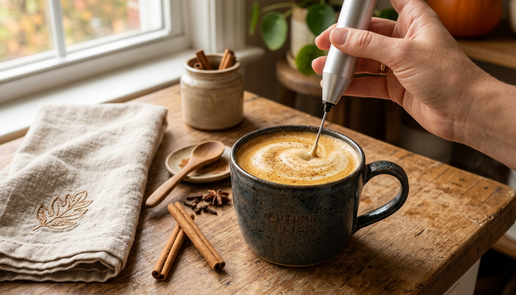Eye-level view of a creamy pumpkin latte being frothed in a ceramic mug.