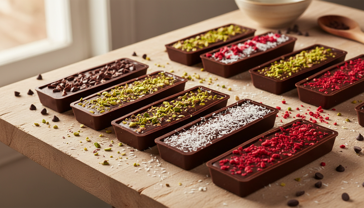 Eye-level view of dark chocolate bars with nuts and fruit toppings.