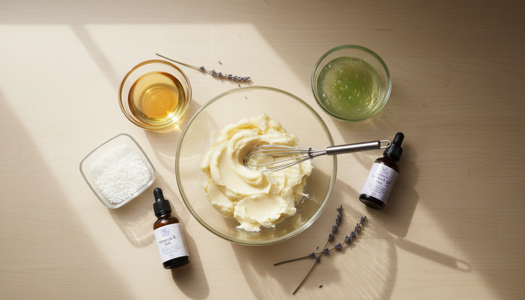 Overhead view of natural lotion ingredients arranged on a kitchen counter.