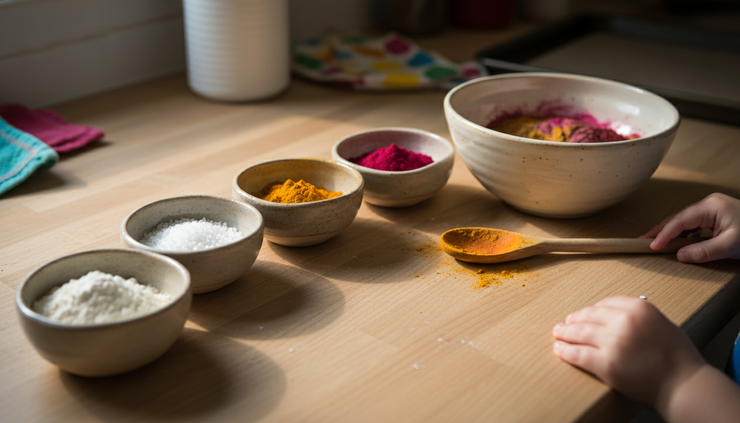 Close-up of flour salt and natural color powders in small bowls