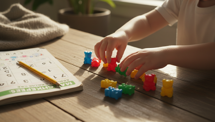 Close-up of a child’s hands sorting counting bears during a math activity