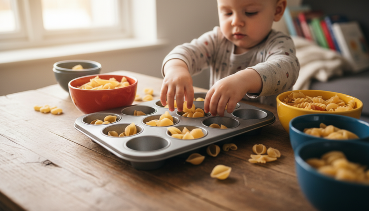 Close-up view of small hands placing dry pasta into a muffin tin.