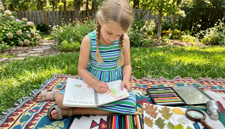 Overhead view of a child sketching leaves in a nature journal outdoors