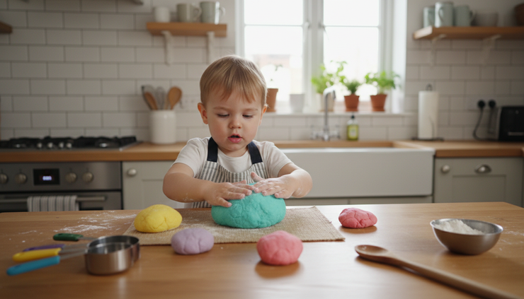 Eye-level view of a child kneading homemade playdough beside measuring cups.