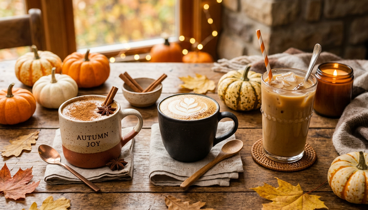 Wide-angle view of three pumpkin latte variations on a wooden table.