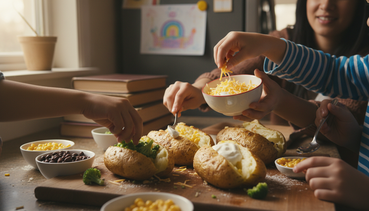 Close-up view of small hands adding toppings to baked potatoes at a kitchen counter.