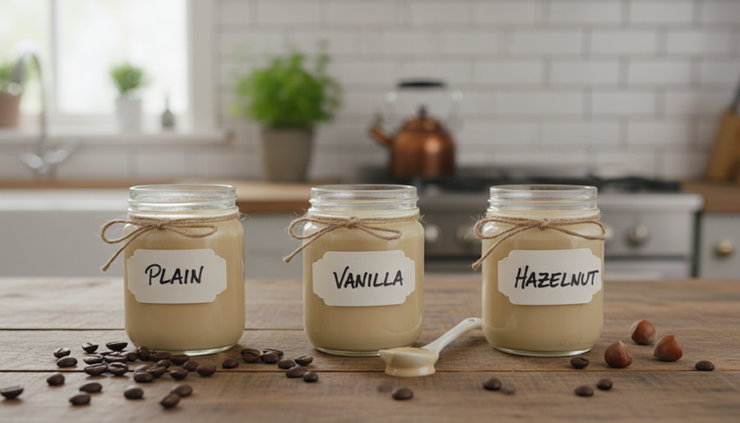 Eye-level view of three jars of flavored homemade coffee creamer.