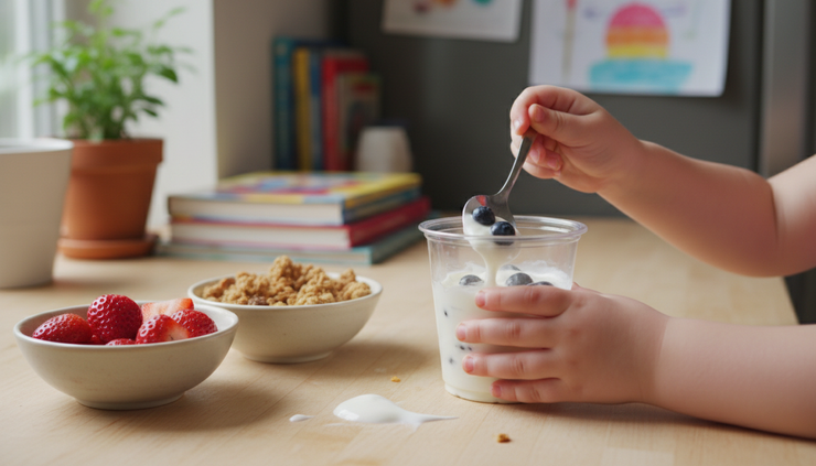 Close-up of a child layering berries and yogurt in a clear cup
