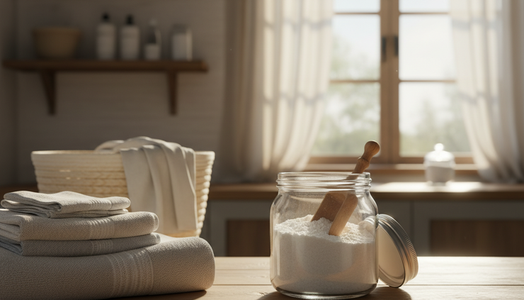 Eye-level view of a glass jar filled with homemade laundry soap beside folded towels