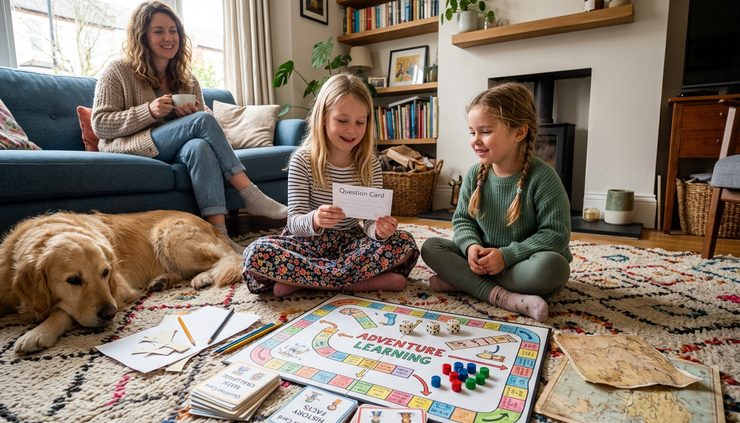 Wide-angle view of children playing an educational board game on a living room rug