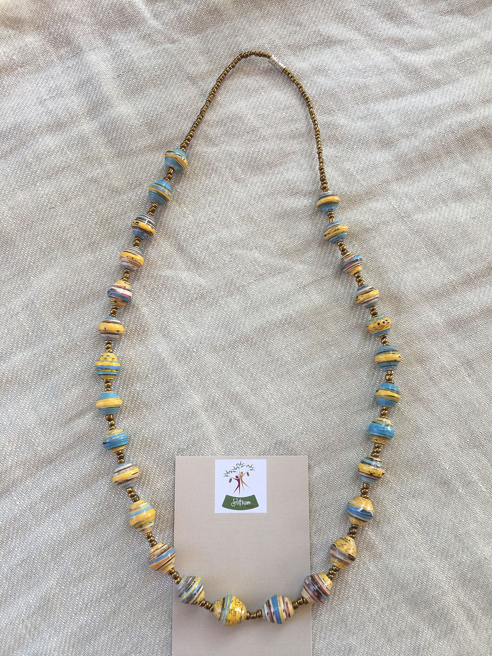 Blue and yellow paper bead Ugandan necklace