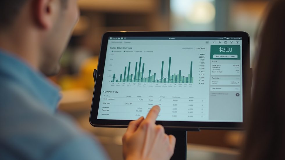Close-up view of a tablet POS system displaying sales analytics