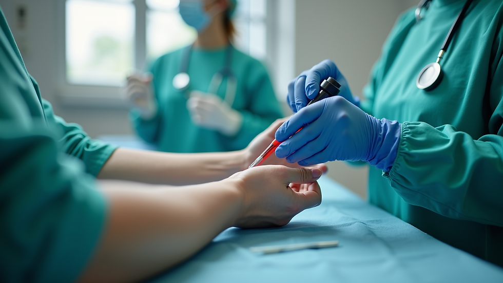 Close-up view of a phlebotomist preparing for a blood draw
