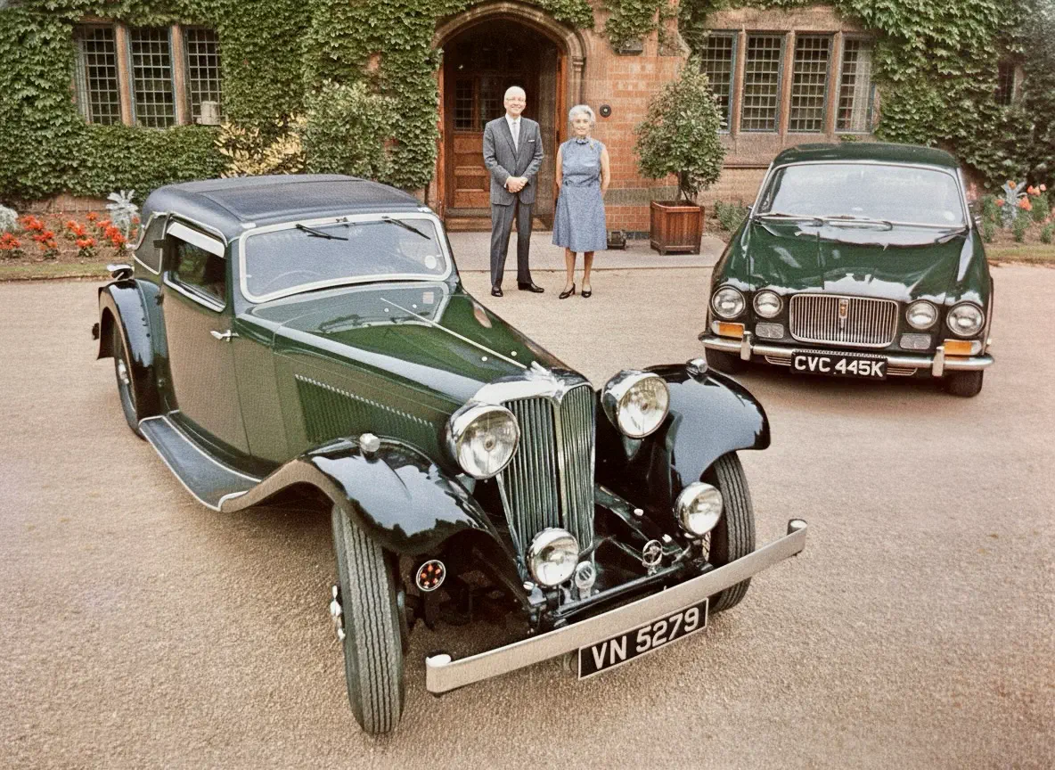 Sir and Lady Lyons, Jaguar SS1 and XJ12