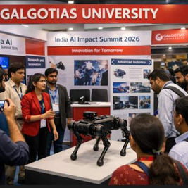 Galgotias University booth at the India AI Impact Summit 2026 featuring a quadruped robot with visitors gathered around the display.