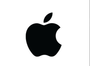 Black apple logo with a bite on a white background, featuring a single leaf. Minimalist design, sleek and modern appearance.