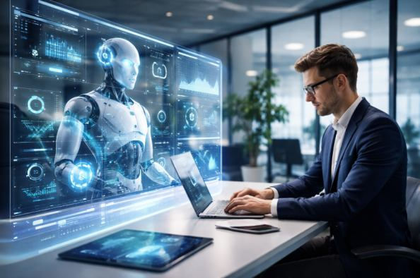 Professional using a laptop beside a holographic AI interface displaying data and analytics in a modern office.