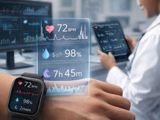 Smartwatch displaying real-time health metrics connected to digital healthcare monitoring.