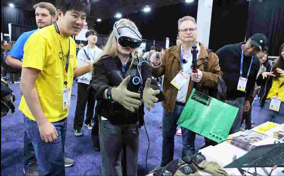 Attendees interacting with new technology and testing innovations on display at the CES 2026 event.