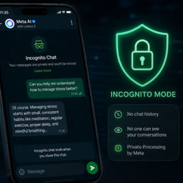 Smartphone displaying Meta AI’s Incognito Chat interface on WhatsApp with glowing privacy and encryption graphics in the background.