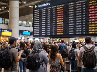 Travelers check a departure board showing multiple delayed and cancelled flights at an international airport amid Middle East travel disruptions.