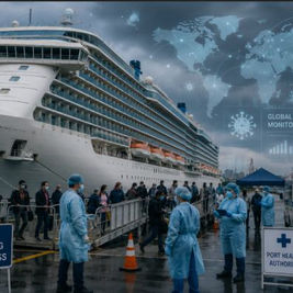 Medical personnel monitor passengers near a docked cruise ship during an international health response linked to rising Hantavirus concerns.