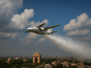 Aircraft dispersing silver iodide particles during a cloud seeding operation over Delhi skies.