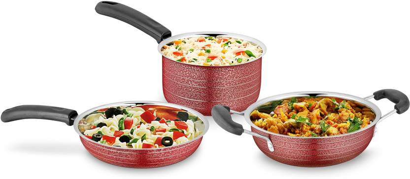 Thumbnail: Ideale Cookware Set Texture Red-3pcs Induction Bottom Cookware Set