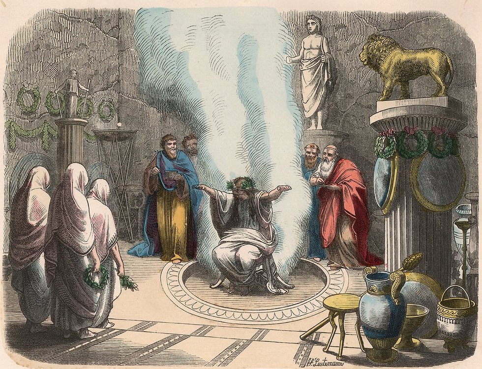 Grèce antique : Sanctuaire d'Apollon : L'Oracle de Delphes, 1866, Coloration d'une gravure.