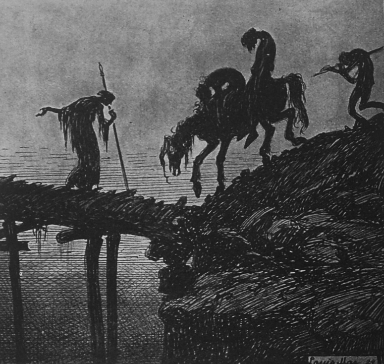 Crée par : Louis Moe 1857-1945, en 1929 pour illustrer la gardienne du pont Gjallarbrú. Image avec des droits dans le domaine publique.