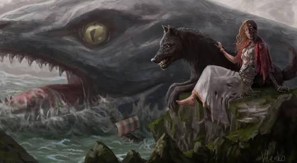 Illustration présentant les enfants de Loki et de la géante Angrgoba, Hel, Fenrir et Jormundgardr.