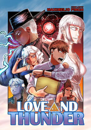 Cover image for the manga comic story 'Love and Thunder' featuring James, a young man facing career struggles, alongside Raika, a lightning god, who seeks to experience his life and challenges firsthand