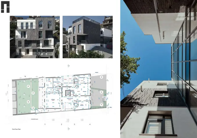 Residential architecture project on Zarubyan Street with floor plan layout, completed exterior photos, facade details, balconies, and building design by Archicon