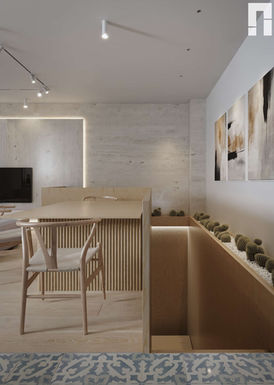 Dining area with wood counter, cactus planter, concrete wall texture, wall art, and warm integrated lighting