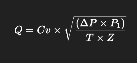 Formula on a black background: Q = Cv × √((ΔP × P₁) / (T × Z)).