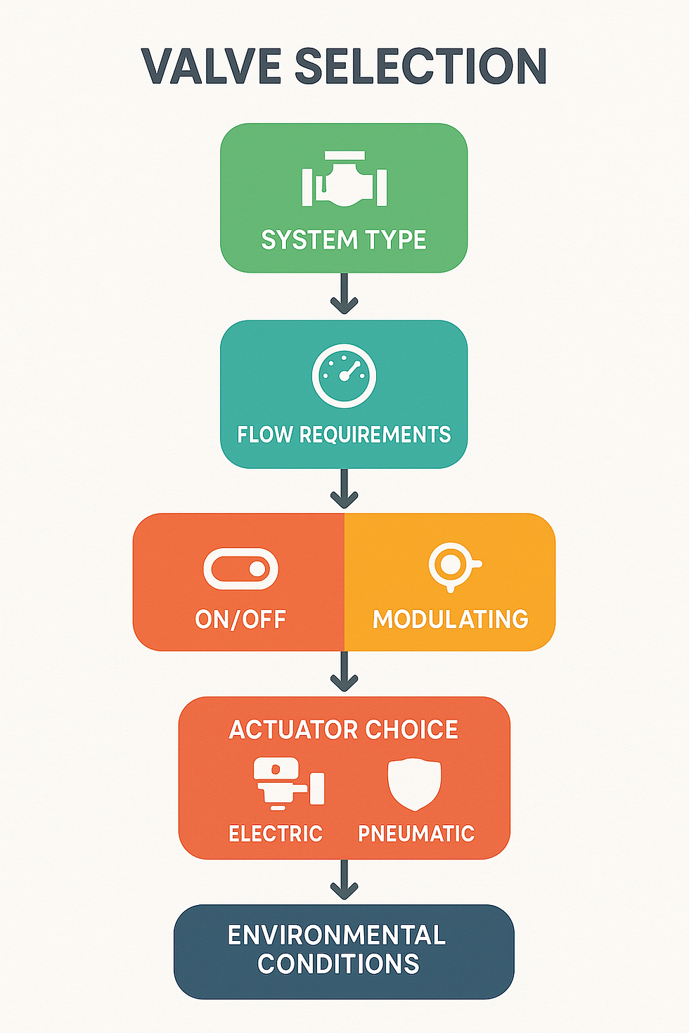 Flowchart titled "Valve Selection" with steps: System Type, Flow Requirements, On/Off, Modulating, Actuator Choice, and Environmental Conditions.