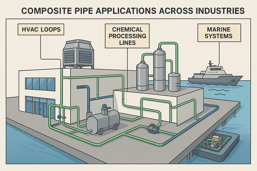 Diagram of composite pipe applications in chemical processing, HVAC loops, and marine systems. Buildings, pipes, and a ship are shown.