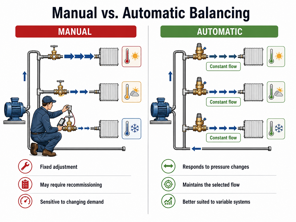 Infographic comparing manual vs automatic balancing with pumps, valves and radiators; worker adjusts manual side, automatic shows constant flow.