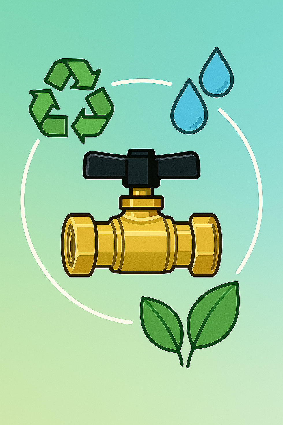 Golden valve with a black handle surrounded by recycling, water droplets, and leaves icons on a gradient green-blue background.