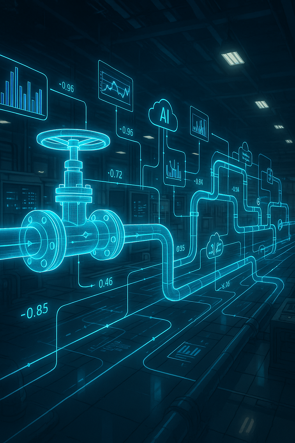 Futuristic flowchart with glowing turquoise pipes and graphs, showcasing AI data and industrial graphics in a high-tech setting.