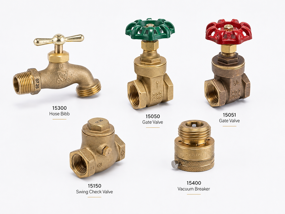 Product sheet of brass plumbing valves on white background: hose bibb, gate valves, swing check valve, and vacuum breaker.