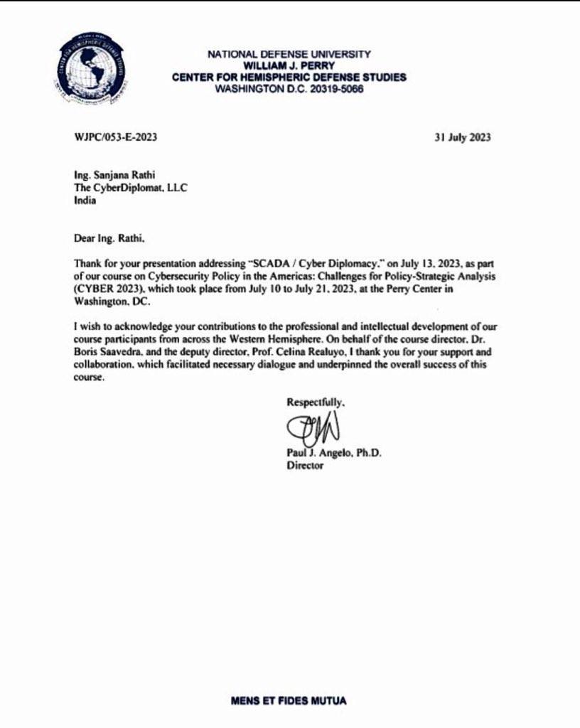 Carta de agradecimiento del William J. Perry Center for Hemispheric Defense Studies
